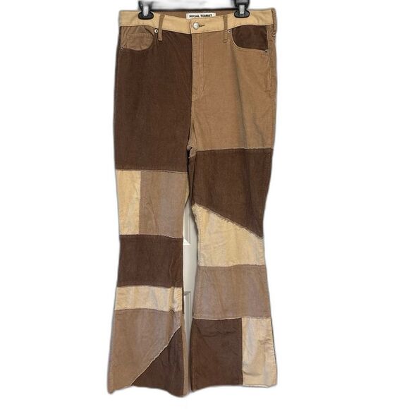 SOCIAL TOURIST Patchwork Corduroy Flare Jeans Bell Bottoms Size 32 Brown Tan - Picture 1 of 10
